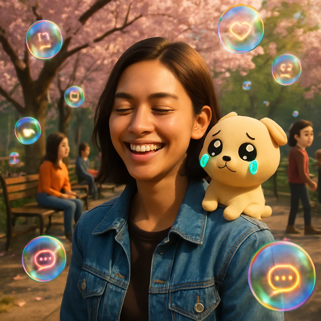 満開の桜が咲くデジタル公園で、肩にぴえん犬アバターが乗った若い女性アバターと、虹色の涙型シャボン玉が浮かぶ様子。