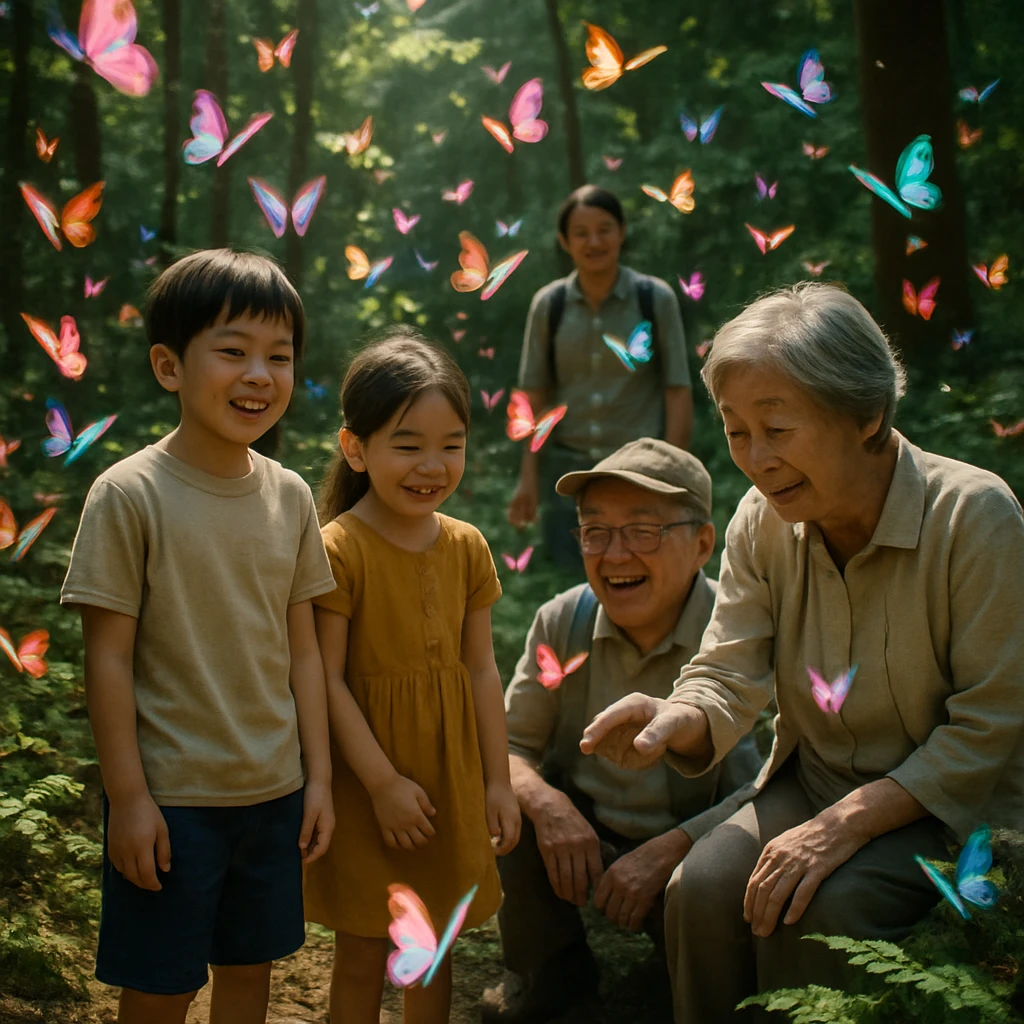 多摩丘陵の森で、笑顔の子どもたちや高齢者の周囲を色鮮やかな蝶が群れ飛ぶ様子。