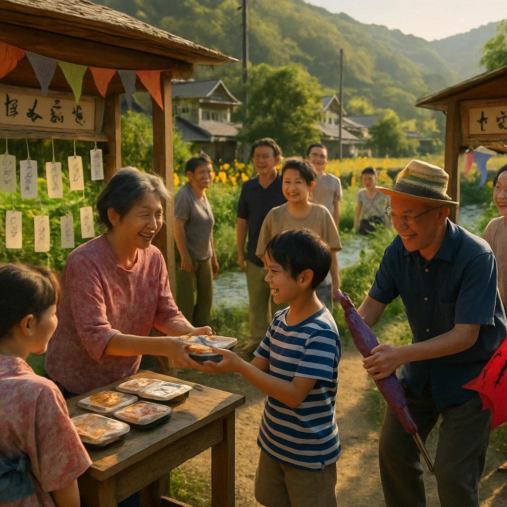ひまわり町の屋外で住民たちが手作り弁当や傘を分け合い、笑顔で交流する祭りのにぎやかな様子。