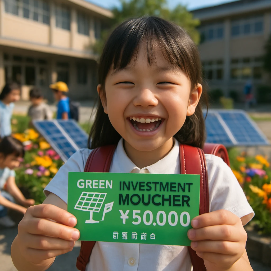 小学校の校庭でグリーン投資券を手に笑顔を見せる日本の少女と、花壇やソーラーパネルの周りに集まる子どもたち。