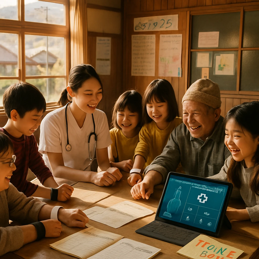 村の共有スペースで看護師と小学生が高齢者と共にウェアラブル端末やタブレットを使い、健康管理をサポートしている様子の写真。