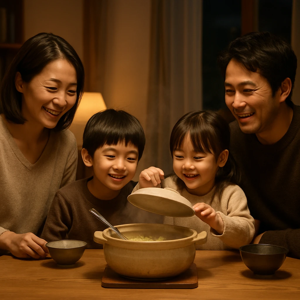 木製のダイニングテーブルを囲み、家族4人が大きな鍋を囲んでにこやかに団らんしている様子が写っています。
