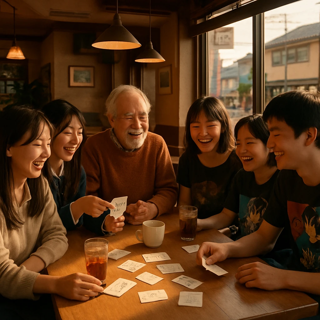 カフェで高校生や白髪の高齢男性、大学生たちが和やかに言葉遊びを楽しむ様子のリアルな写真風画像。