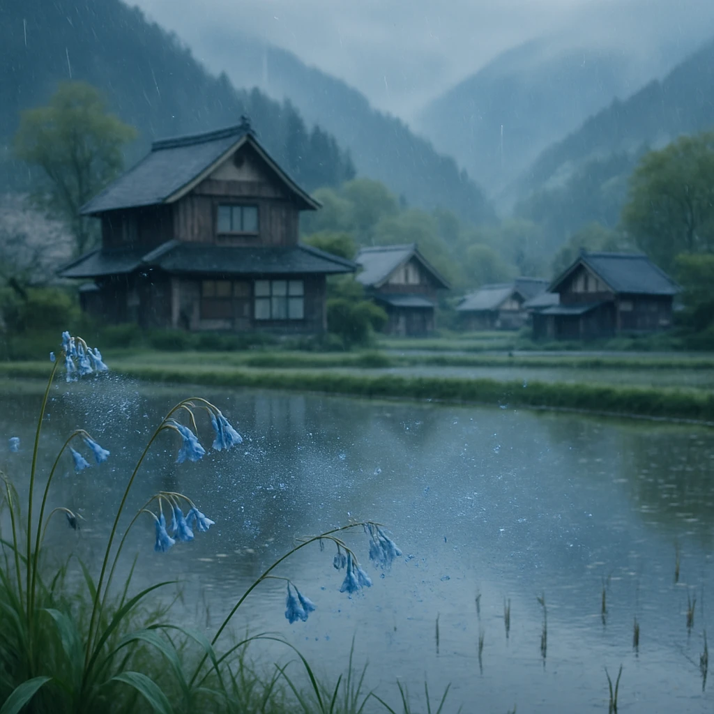山あいの日本の村に、青いブルーベルの花びらや花粉が空中を漂い、ほのかな青い雨が田畑や家屋に降り注ぐ様子。