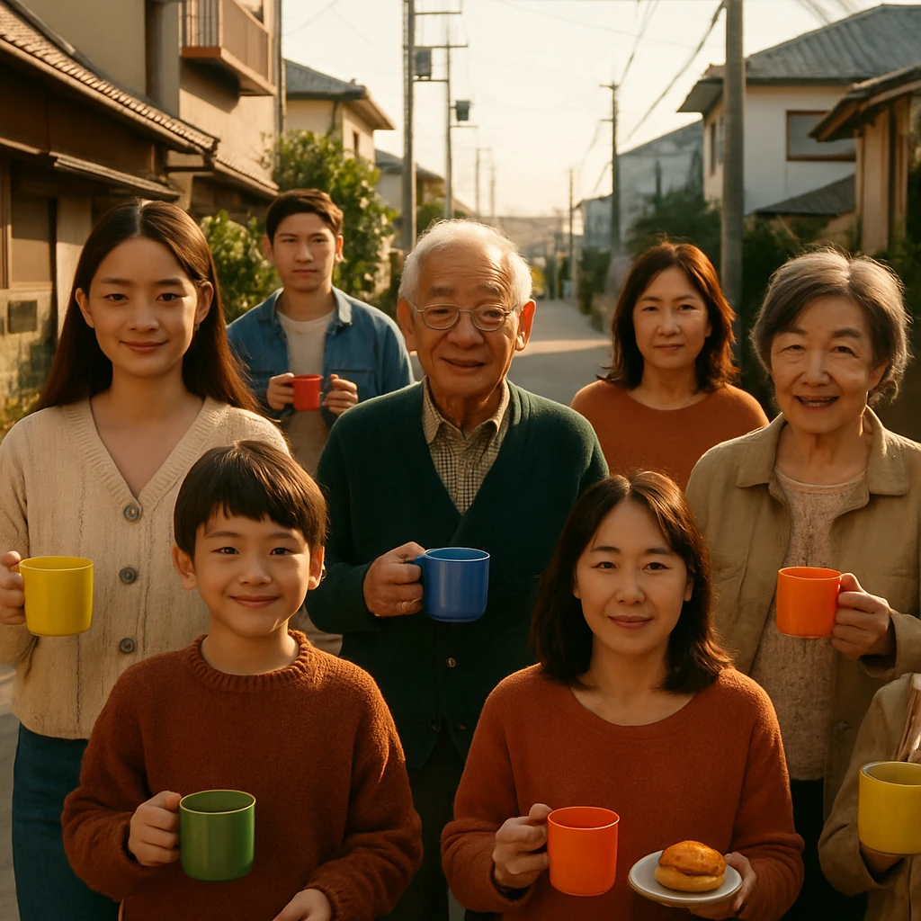 色とりどりのマグカップを持った町の住民たちが住宅街を歩いている様子。