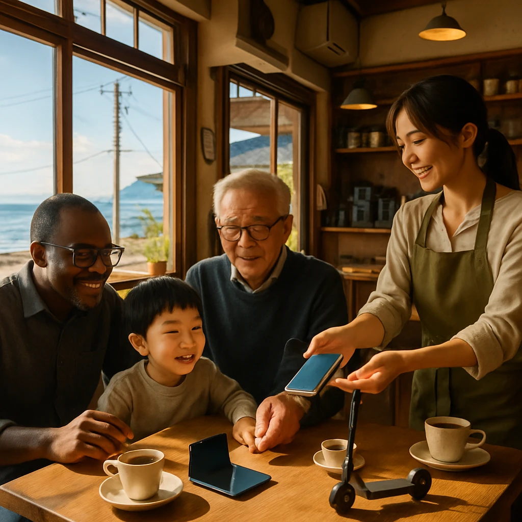 明るいカフェの店内で、子どもとお年寄りが最新ガジェットを囲んで楽しく会話している様子。