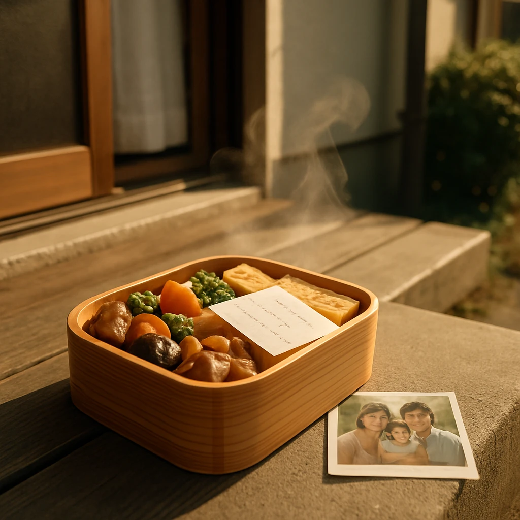 日本の住宅街の玄関先に手作りの木箱に入った弁当と手紙、家族写真が並んで置かれている様子。