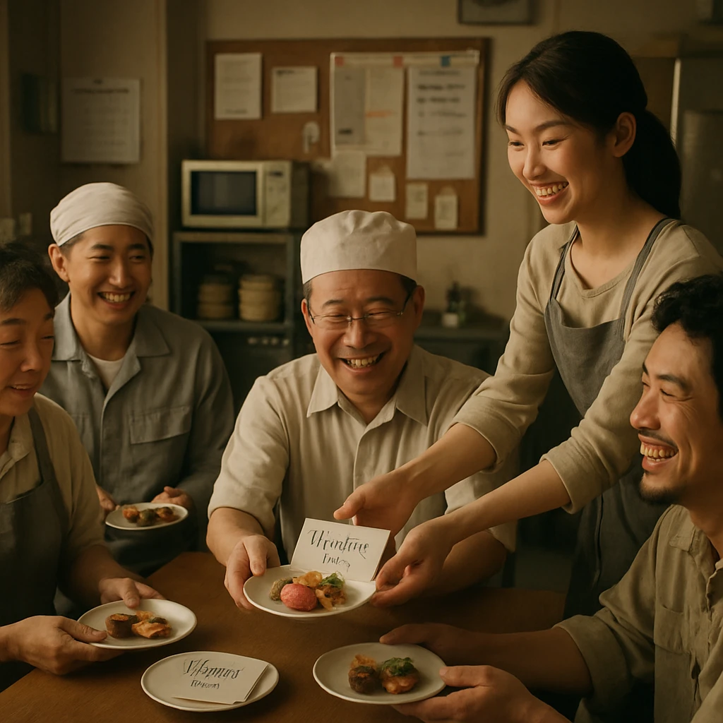 和やかな社内の休憩室で、若い女性社員が手作りのお菓子と手書きのカードを同僚に手渡している様子。