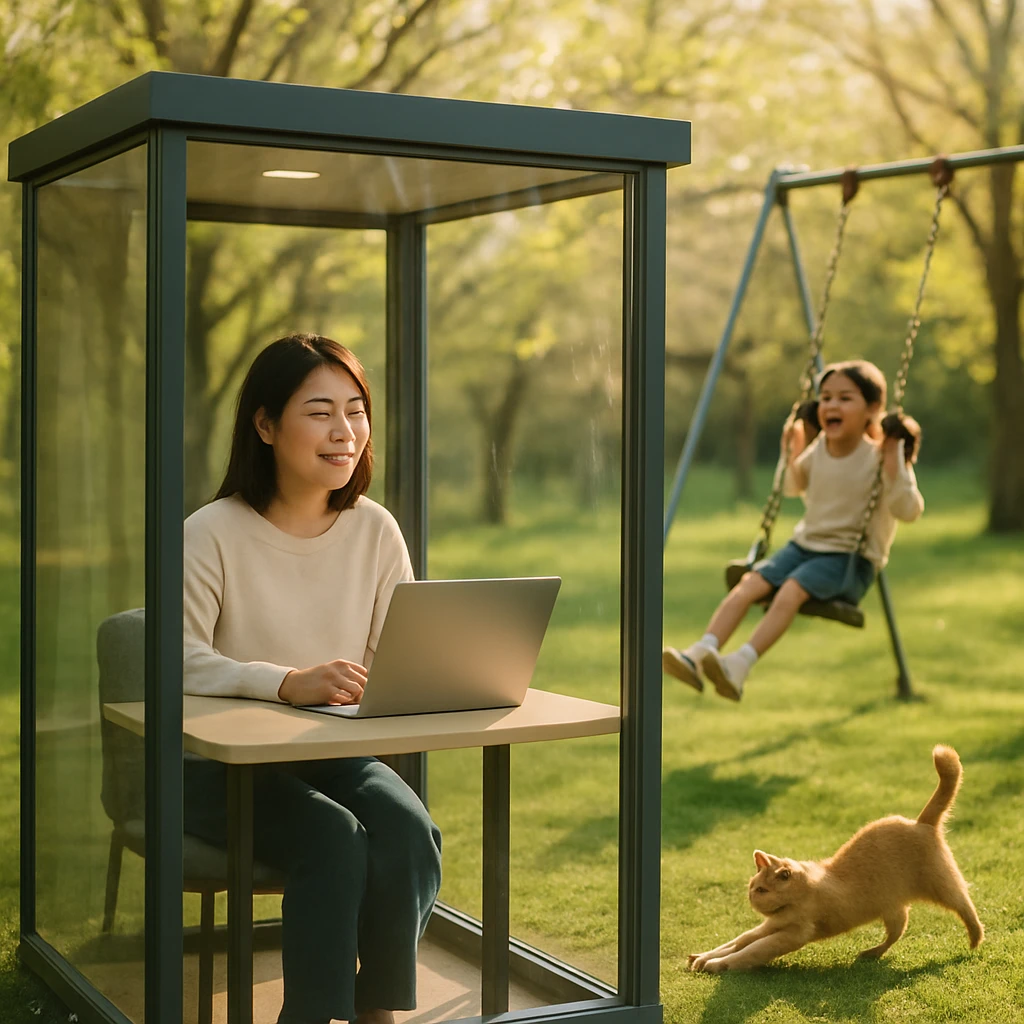 春の公園で透明なワークブース越しに母親がパソコン作業をしながら、外で遊ぶ娘を見守る様子。