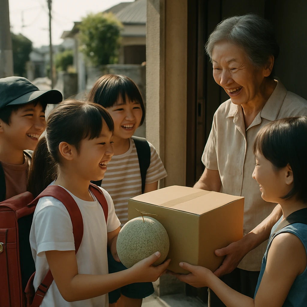 日本の郊外の家の玄関先で、小学生と中学生の子どもたちが高齢女性にメロンと荷物を手渡している場面。