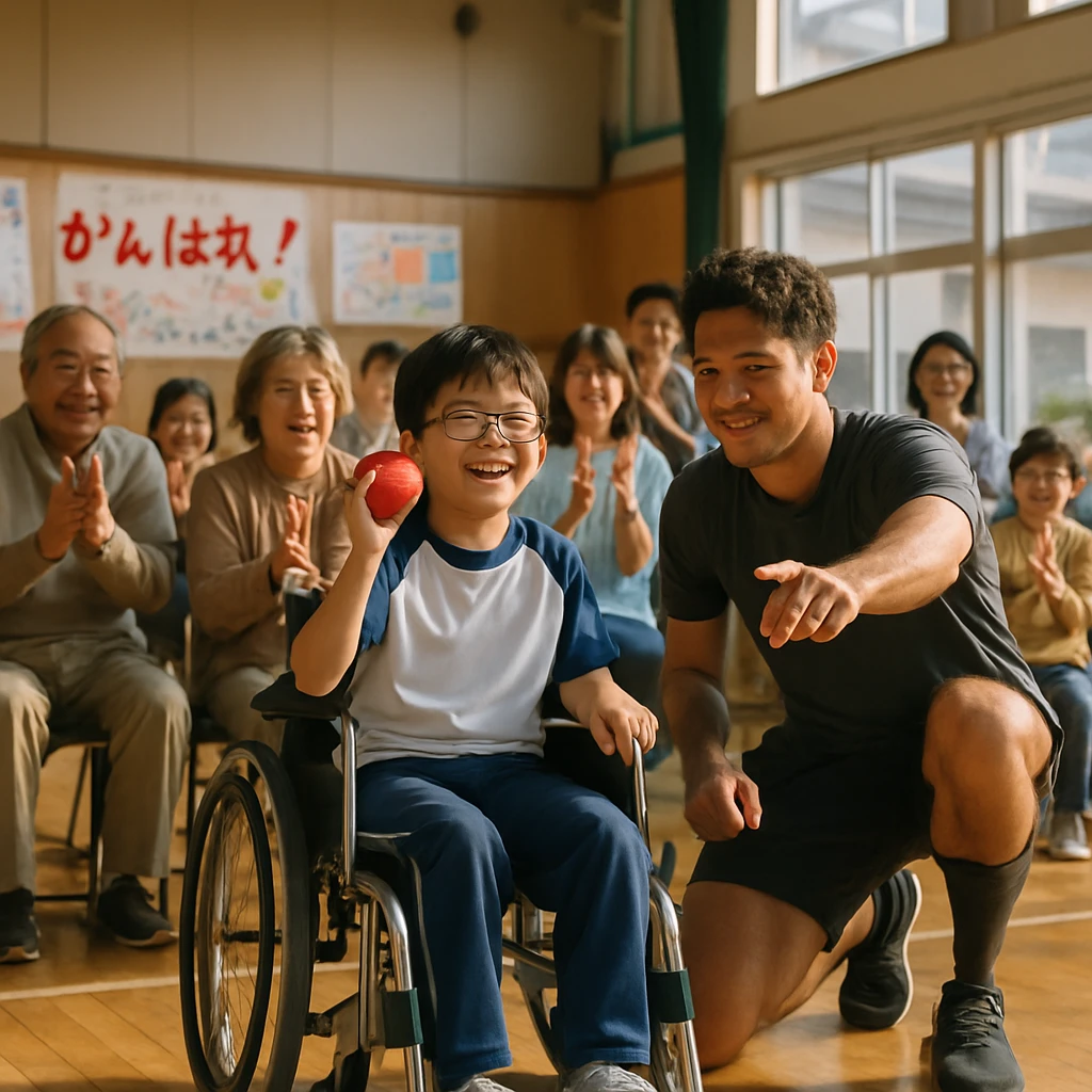 体育館で車いすの少年が義足の男性アスリートとともに、笑顔でボッチャのボールを投げようとしている様子。