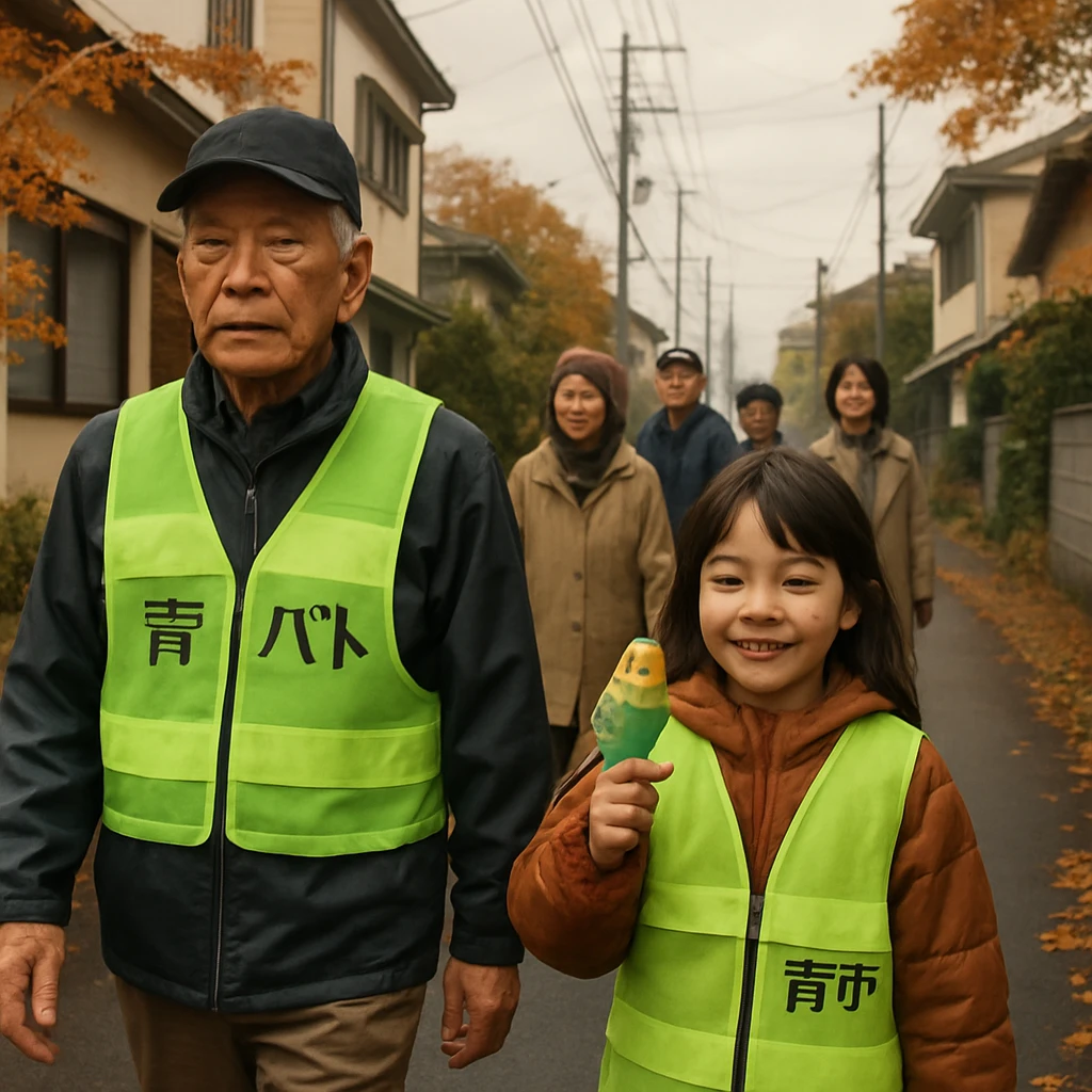 薄曇りの朝、少女が指にセキセイインコを乗せて住民たちとパトロールする町内の静かな通りの様子。