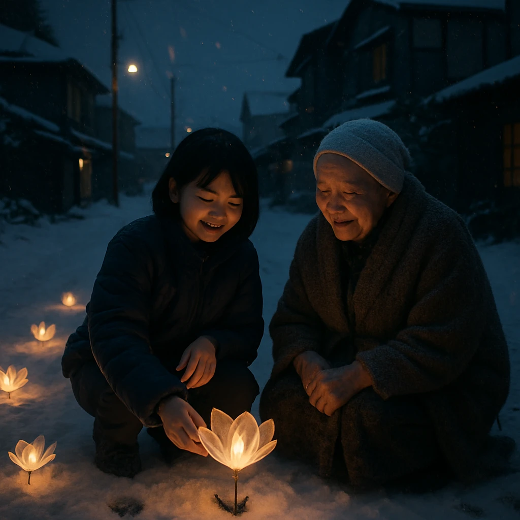 雪の降る夜道で、光る造花を持つ少女と祖母が優しく微笑み合う様子。