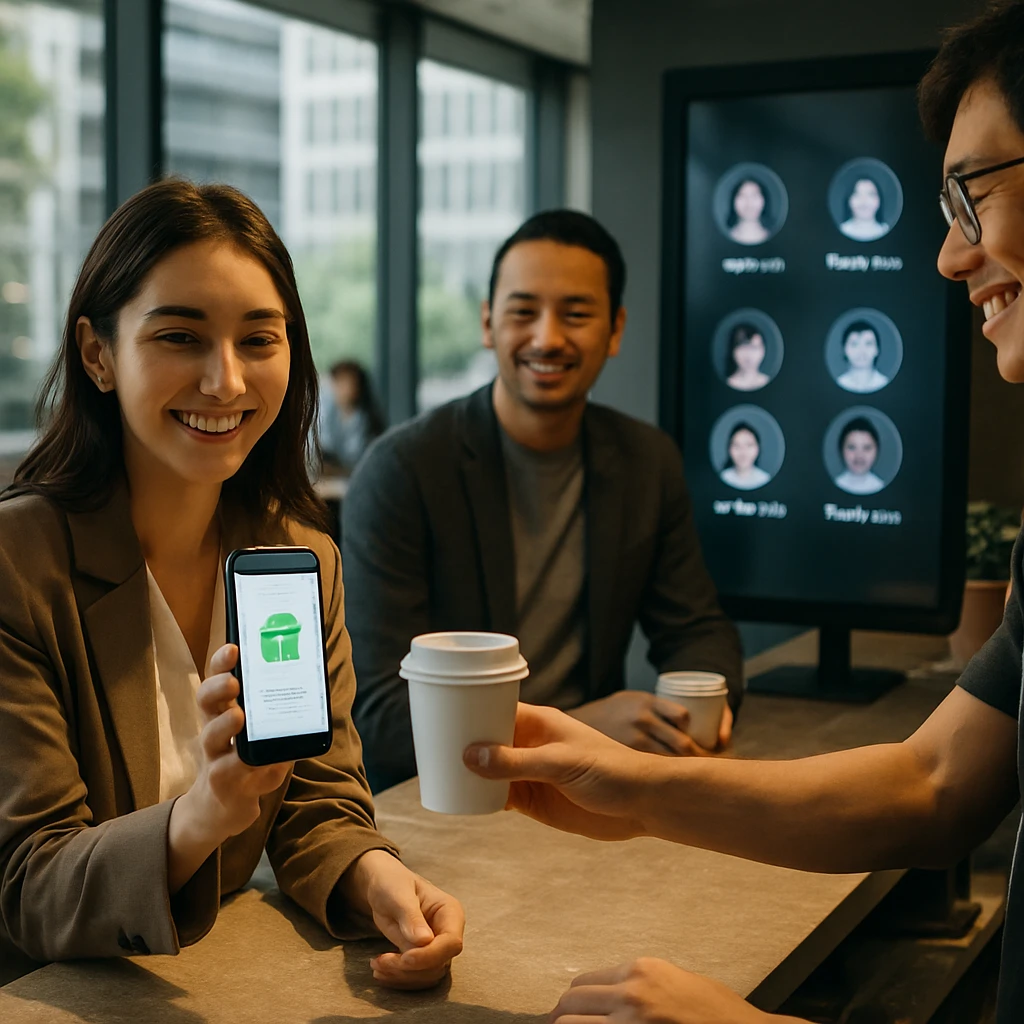 オフィスカフェで社員がスマートフォンのアプリを見せながらバリスタからコーヒーを受け取り、背後のデジタル画面にアバターや感謝コメントが映し出されている写真。