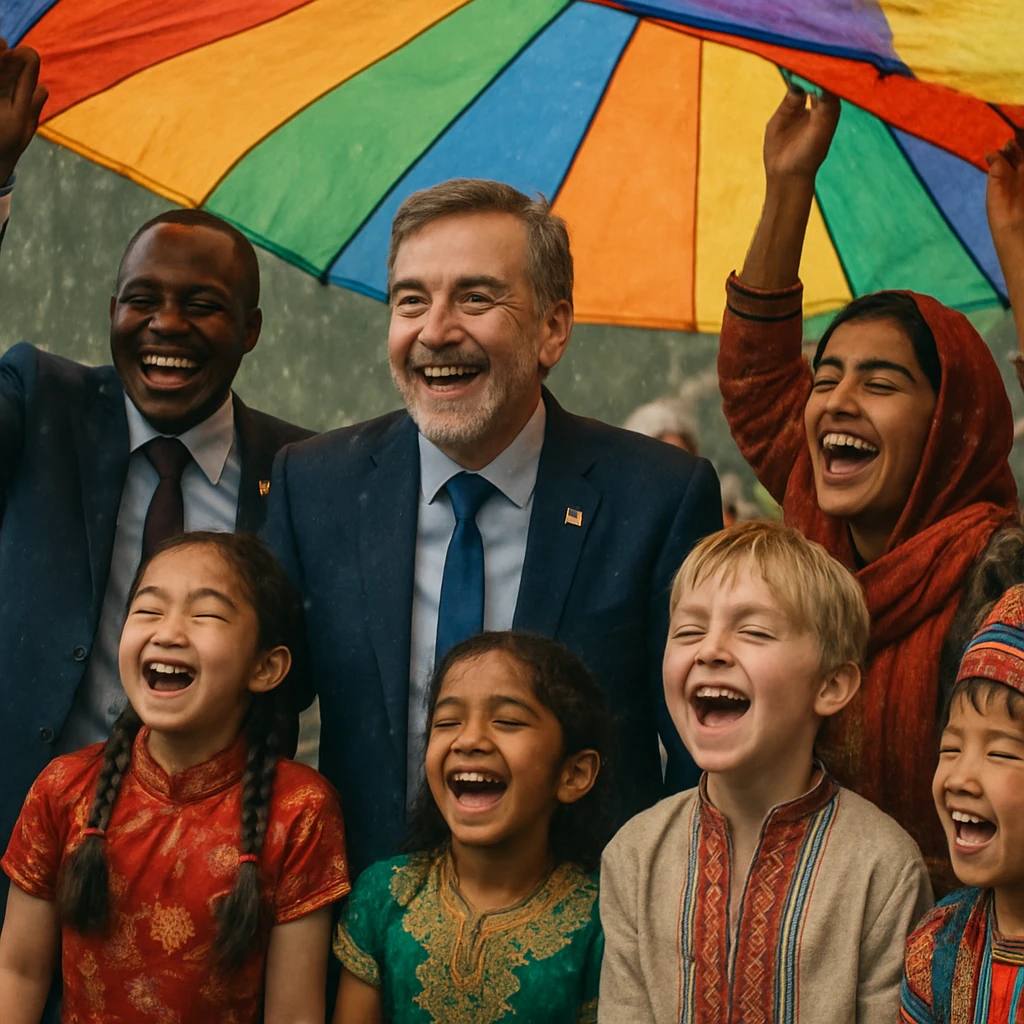 各国の外交官と子どもたちが大きなパラシュートの下で笑顔で一緒に歌い踊る様子を写した写真。
