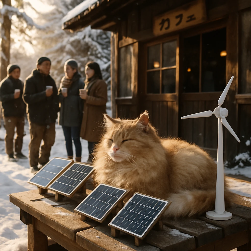 雪の町のカフェ前で手作りテラスに寝そべるふわふわの野良猫と、そばで集う住民たちの様子。