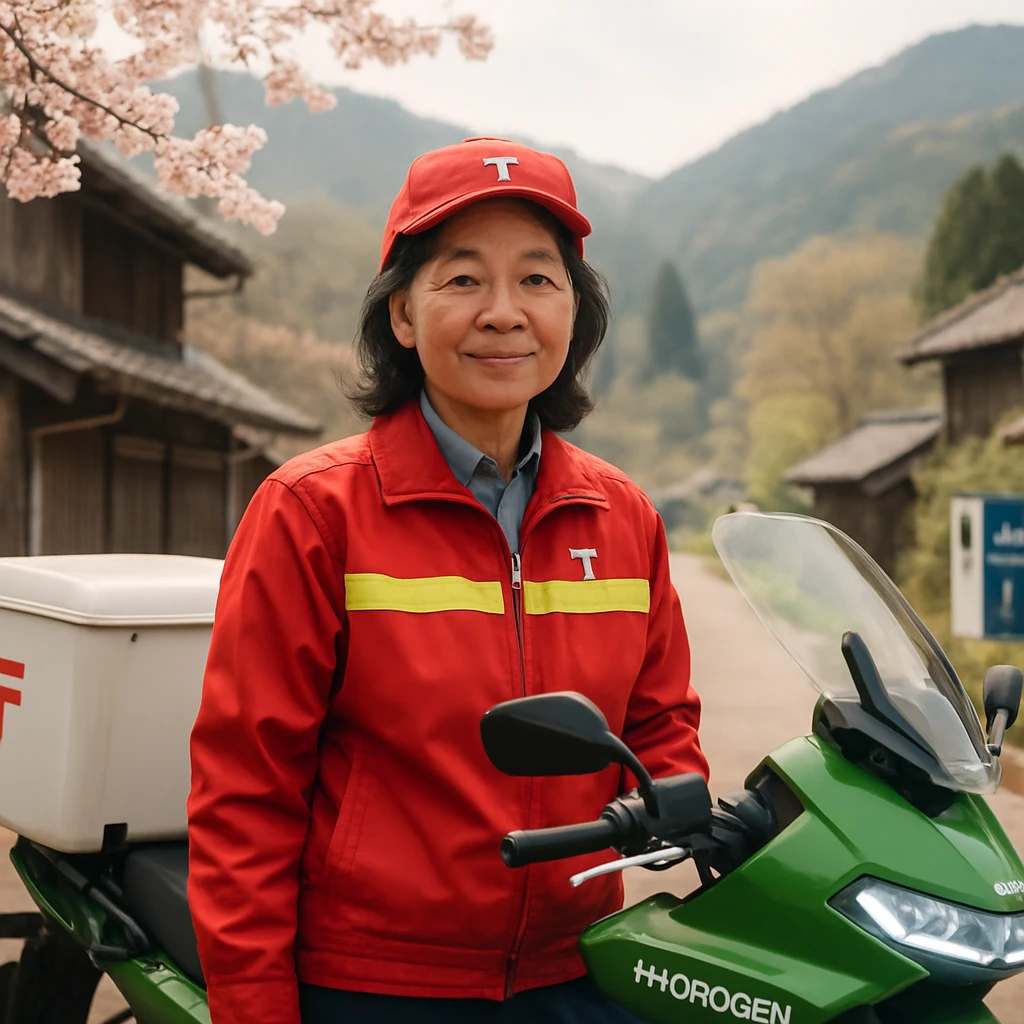 春の山あいの村で、グリーン水素バイクに寄り添い微笑む女性郵便配達員のリアルな写真。
