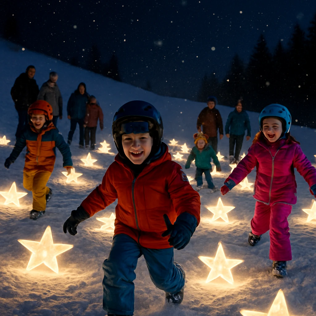 雪のゲレンデに星形のイルミネーションが広がり、カラフルなスキーウェア姿の子どもたちが夜空の下で遊んでいる様子。