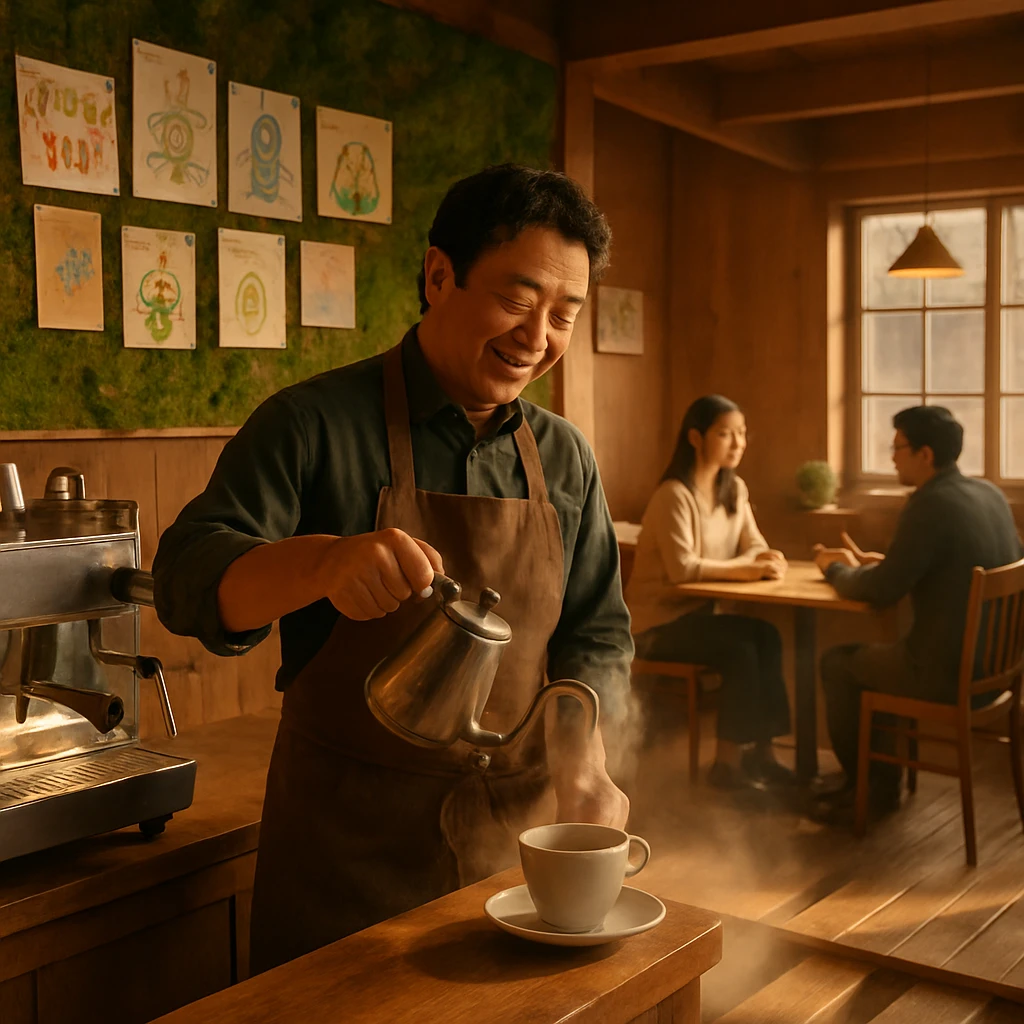 地熱発電で暖められた木製の床と苔の壁があるカフェで、男性バリスタがコーヒーを丁寧に淹れ、温かな空気の中で客がくつろいでいる様子。