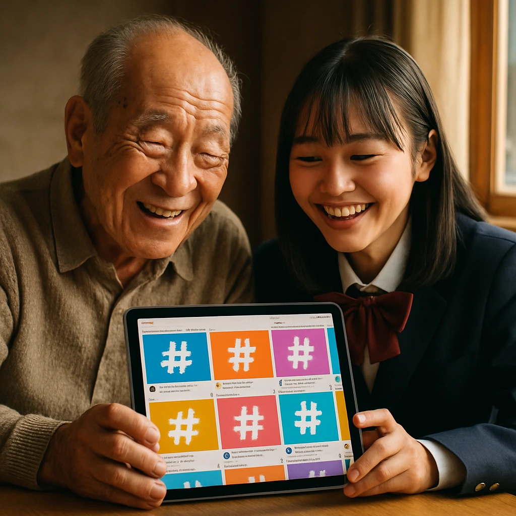 年配の男性と女子高校生が一緒にテーブルでタブレットのSNS画面を見て微笑んでいる様子。