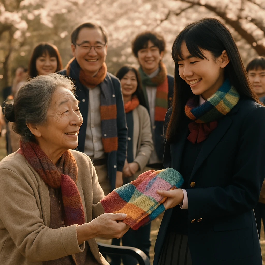 年配の女性が公園のベンチでカラフルな編み物のスカーフを若い少女に手渡している様子。