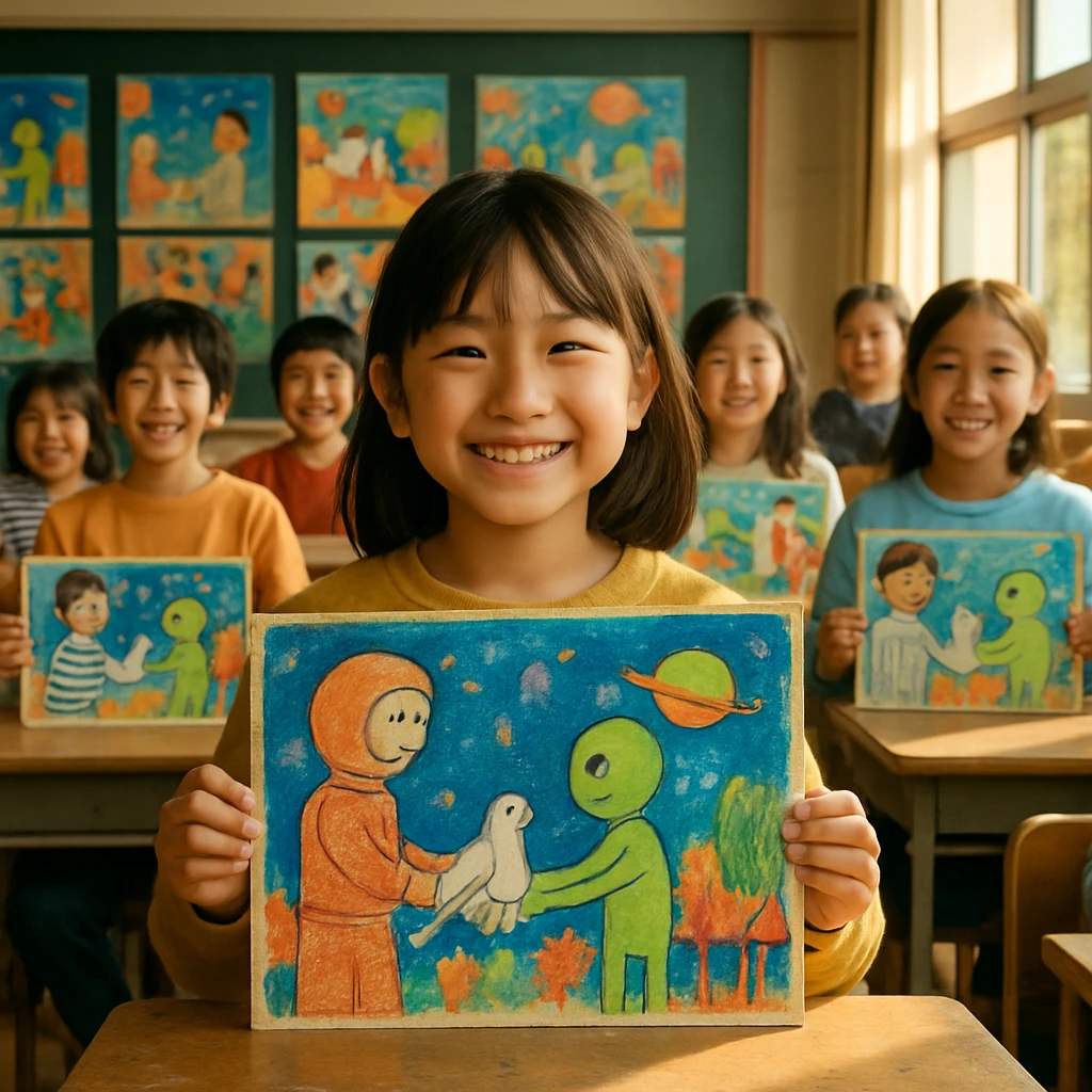 小学校の教室で児童たちが宇宙の平和を描いたイラストを嬉しそうに掲げている写真。