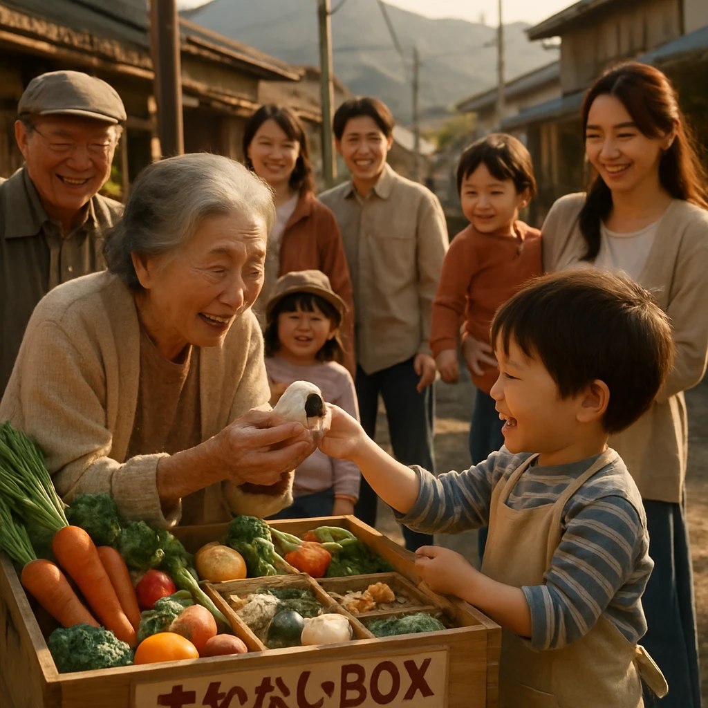 木曽谷町の広場で、色とりどりのまかないボックスを囲み、子どもが高齢者におにぎりを手渡している様子の写真。