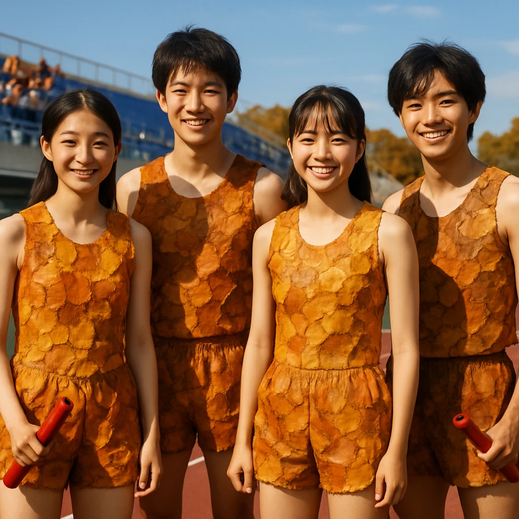 秋晴れの陸上トラックで、落ち葉素材のカラフルなユニフォームを着て並ぶ4人の高校生ランナーが笑顔を見せている様子。