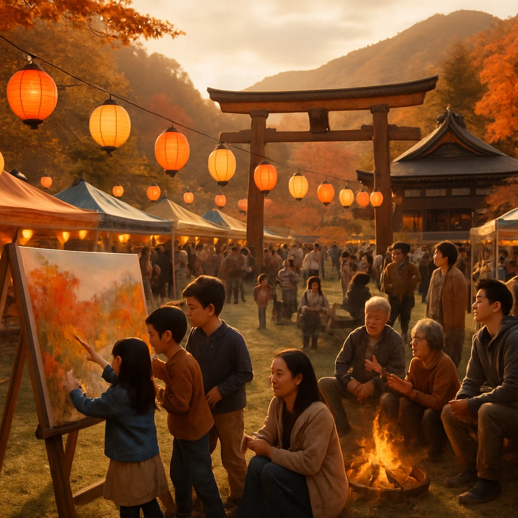 伝統的な神社境内で色とりどりのテントと提灯が並ぶ芝生広場に、笑顔の人々が集う秋祭りの様子。
