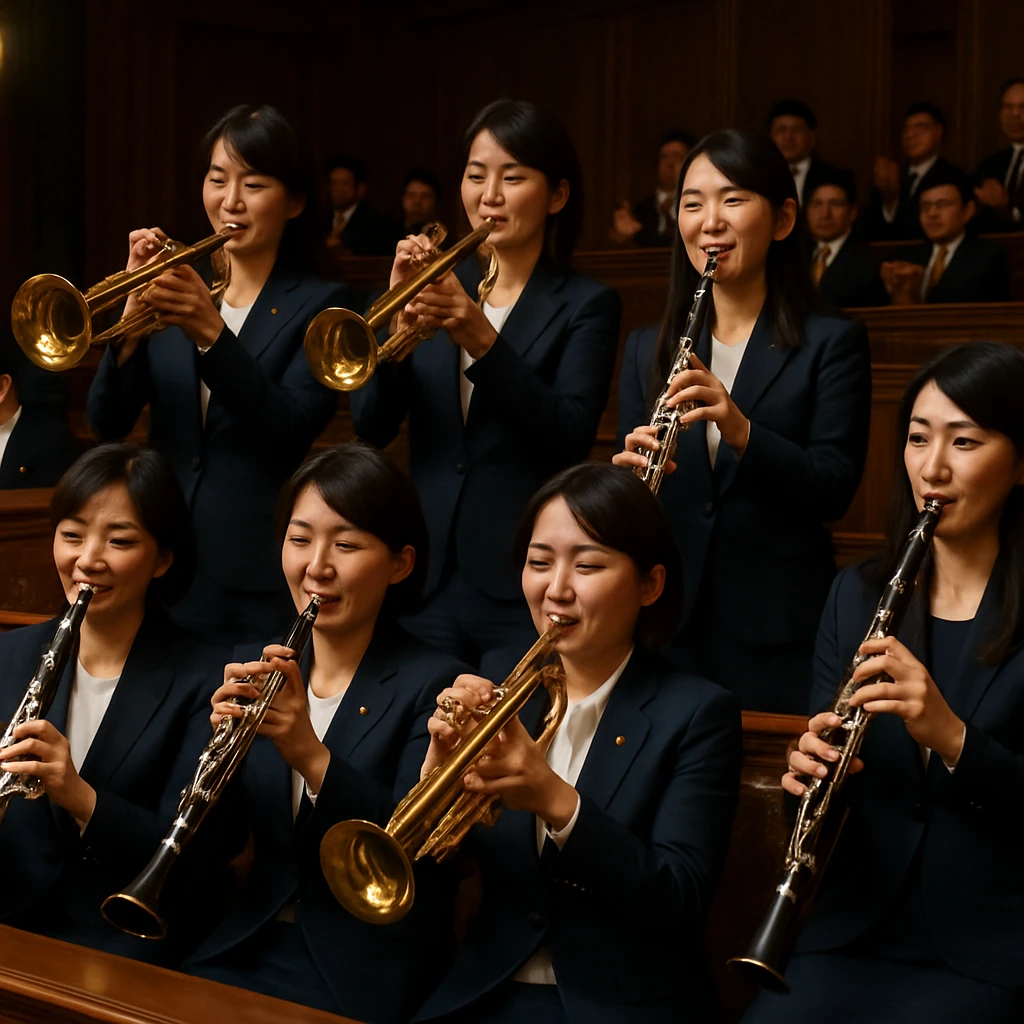 日本の国会議事堂で女性議員たちがスーツ姿で楽器を演奏し、男性議員たちが拍手している様子。