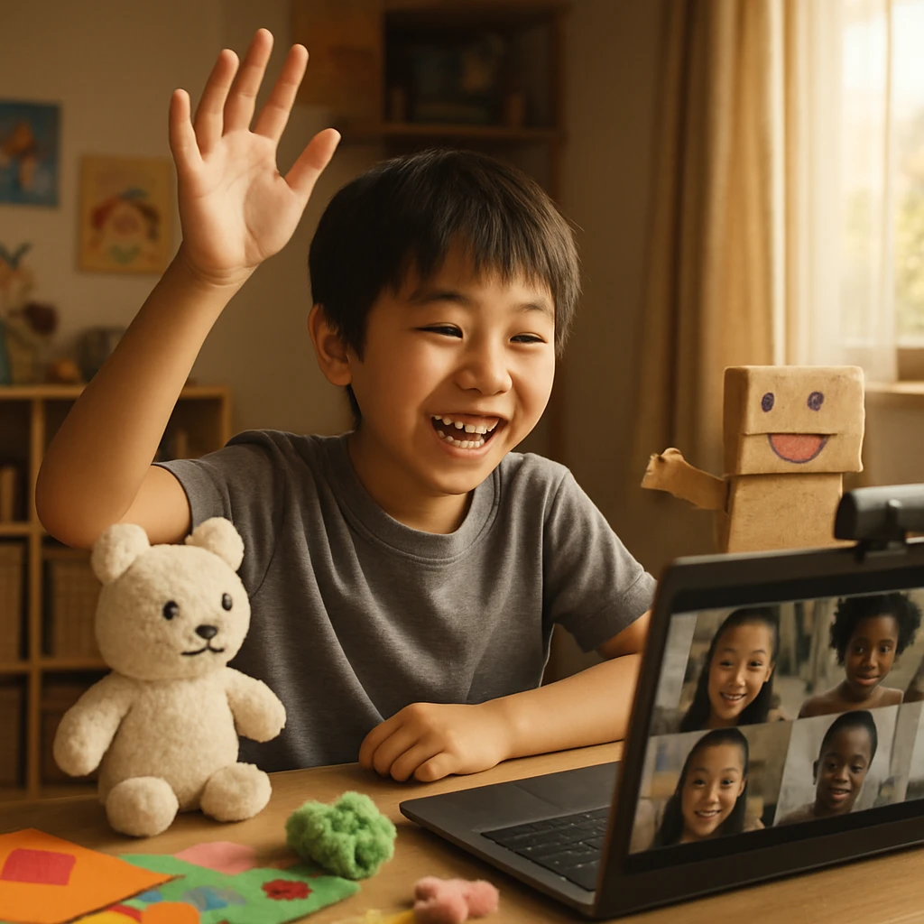 元気な男の子が手作りのぬいぐるみや段ボール人形と一緒に、ノートパソコンの前で笑顔ではつらつと手を挙げている様子。