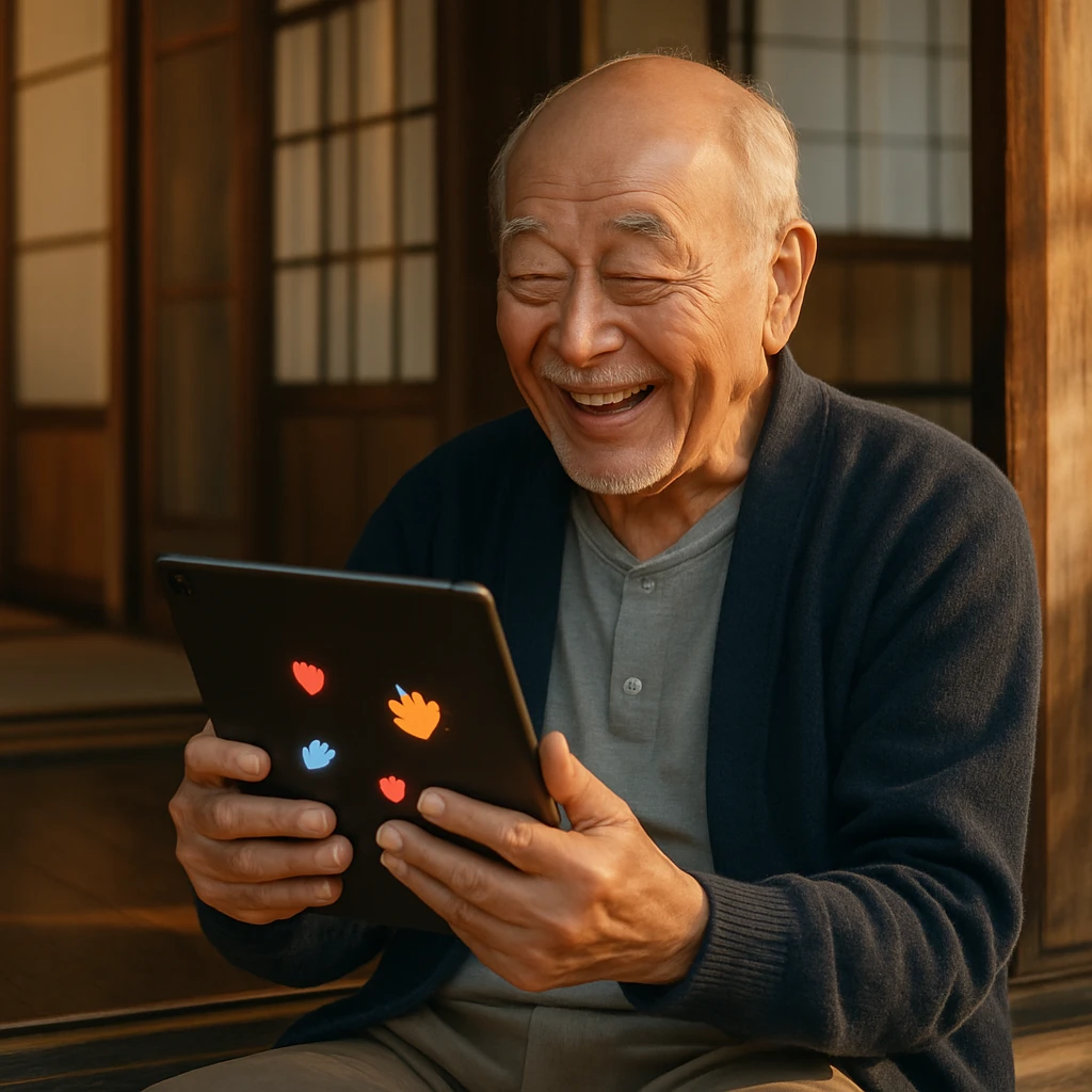 縁側でタブレットを手に微笑む高齢の男性が、家族とビデオ通話を楽しむ姿を写した写真です。