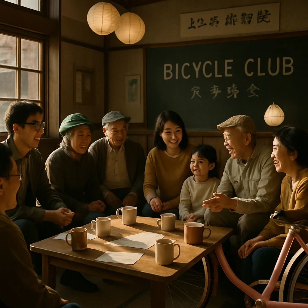 町の集会所で自転車クラブのメンバーたちがテーブルを囲み、桜色の自転車やコーヒーを前に笑顔で語り合っている様子。