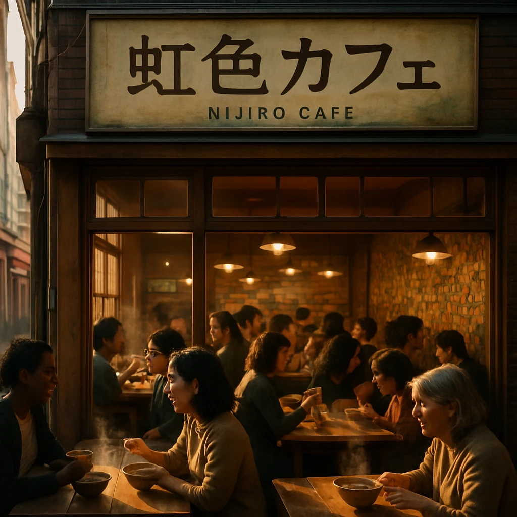商店街の一角にある手書き看板のカフェで、さまざまな年代や国籍の人たちが食事と会話を楽しんでいる様子。
