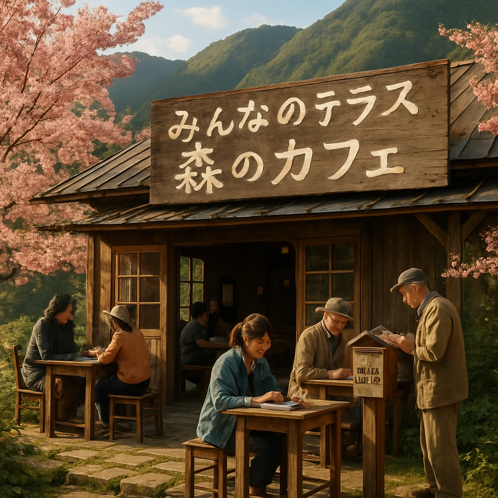 山桜と苔むした石畳に囲まれた古民家カフェのテラスで、村人がカードを書いて木製ポストに投函している様子。