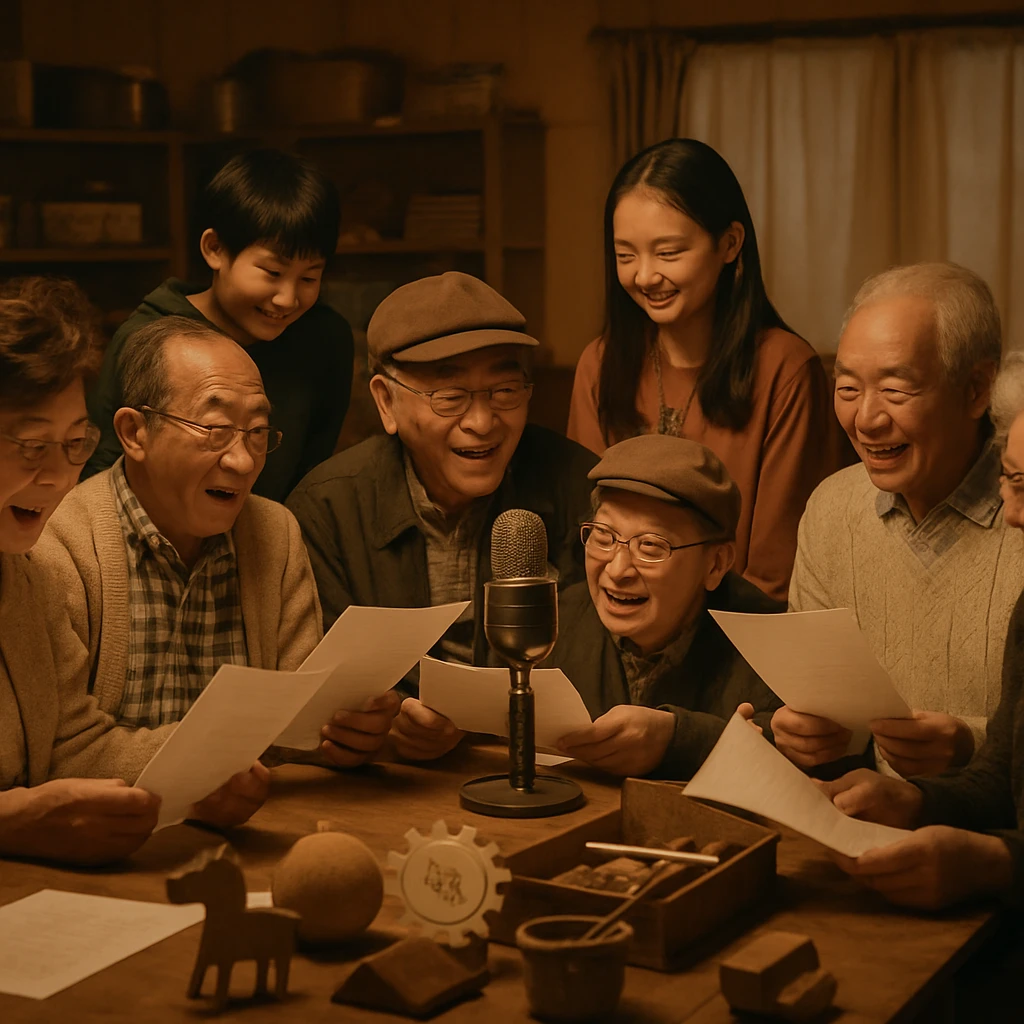 小さな会館で高齢者たちと孫世代が台本やマイクを囲んで温かく笑い合う様子