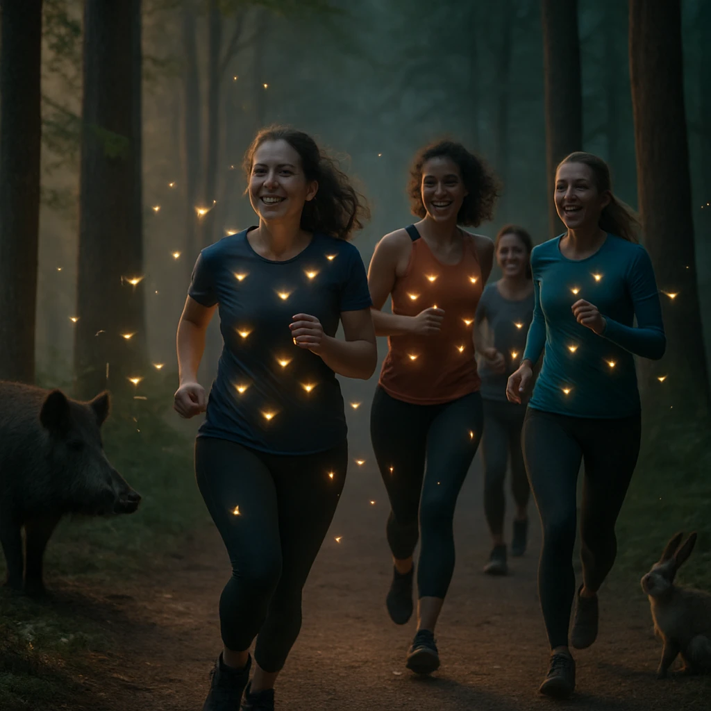 夕暮れの森の中、小さな蛍型LEDを身につけた女性たちが光の軌跡を描きながらランニングしている様子。