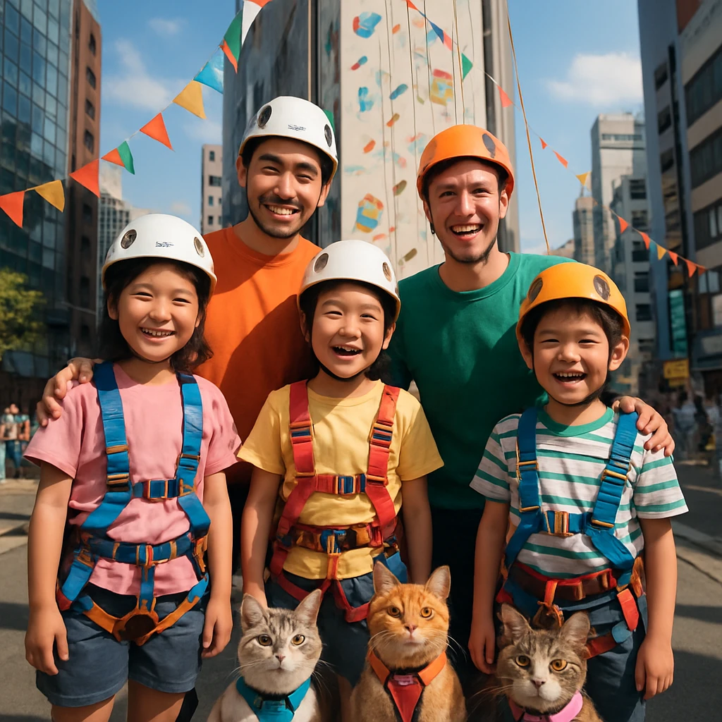 ビルの壁の前でカラフルなハーネスを着けた子どもたちと猫たちが笑顔で並んでいる様子。