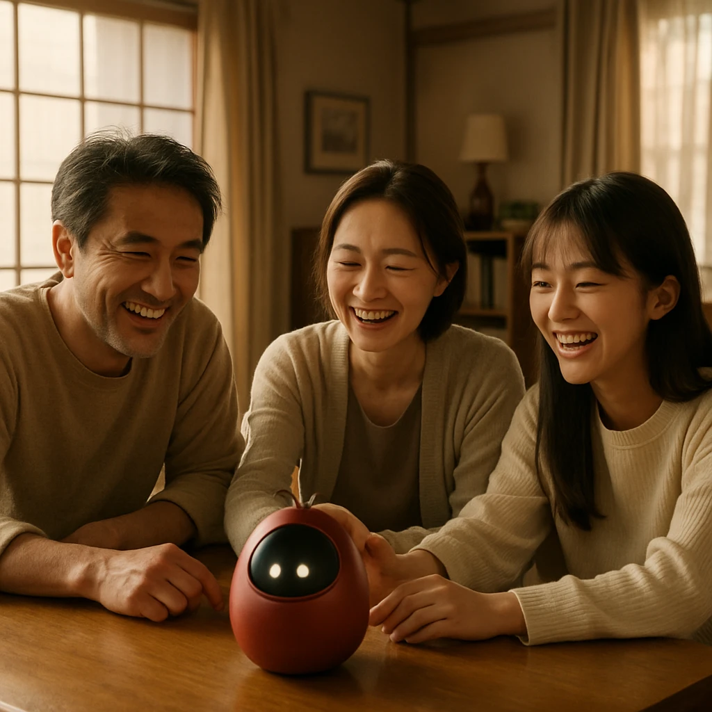 日本の家庭のリビングで、赤い梅干し型ロボットを囲み、笑顔で向き合う家族3人の様子。