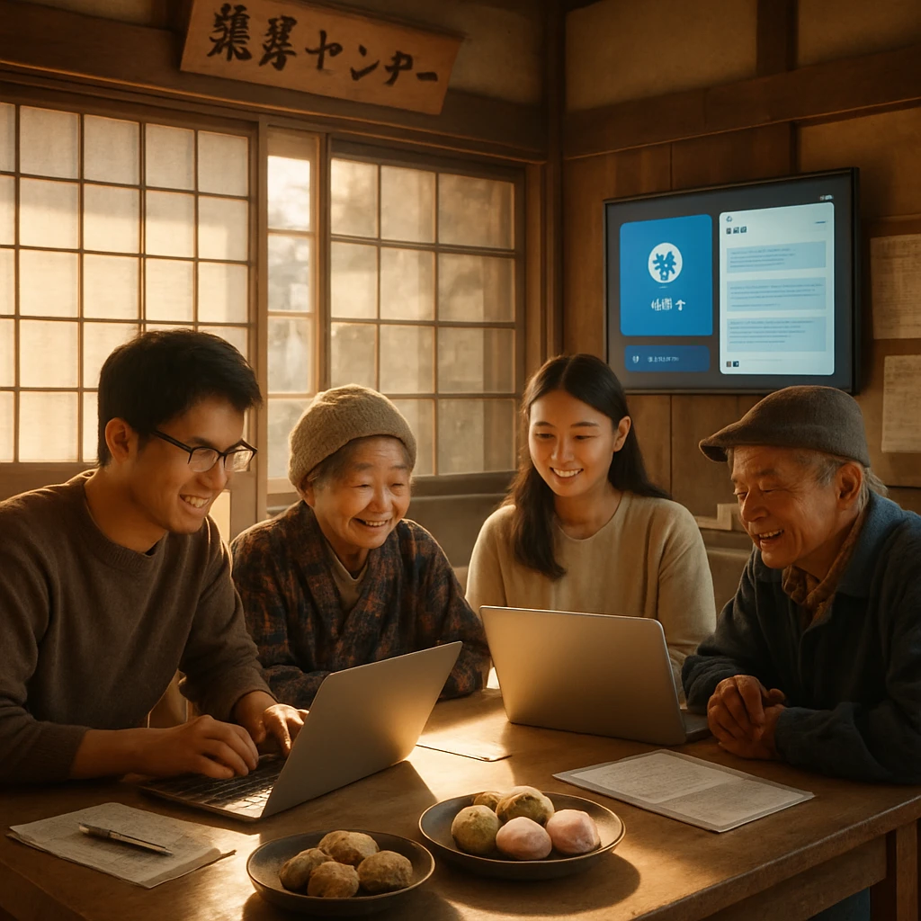 日本の田舎の集会所で、若い起業家たちとお年寄りが一緒にパソコンや手作り和菓子を囲んで話し合っている様子。