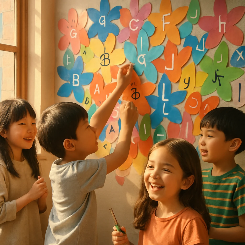 小学校の教室の壁に多言語の文字が書かれた色とりどりの花びら型の紙が貼られ、児童たちが笑顔で花びらを追加している様子。