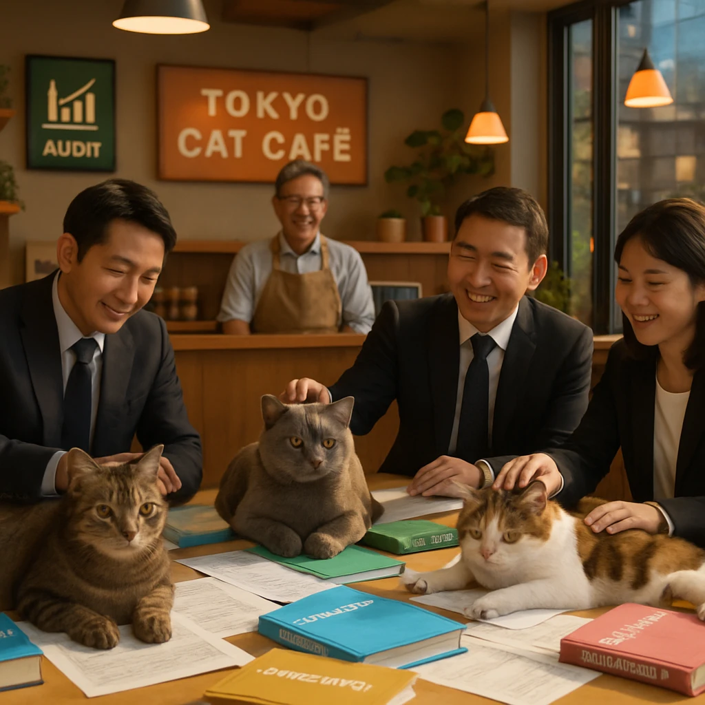 カフェの店内で猫たちが帳簿や書類と一緒にくつろぎ、スーツ姿の来店客が猫を撫でている様子。