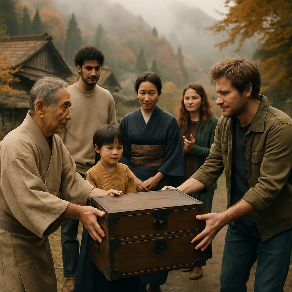 秋の山道で、さまざまな年代と国籍の人々が着物や普段着で和箪笥を受け渡し、伝統的な村の雰囲気を楽しむ様子。