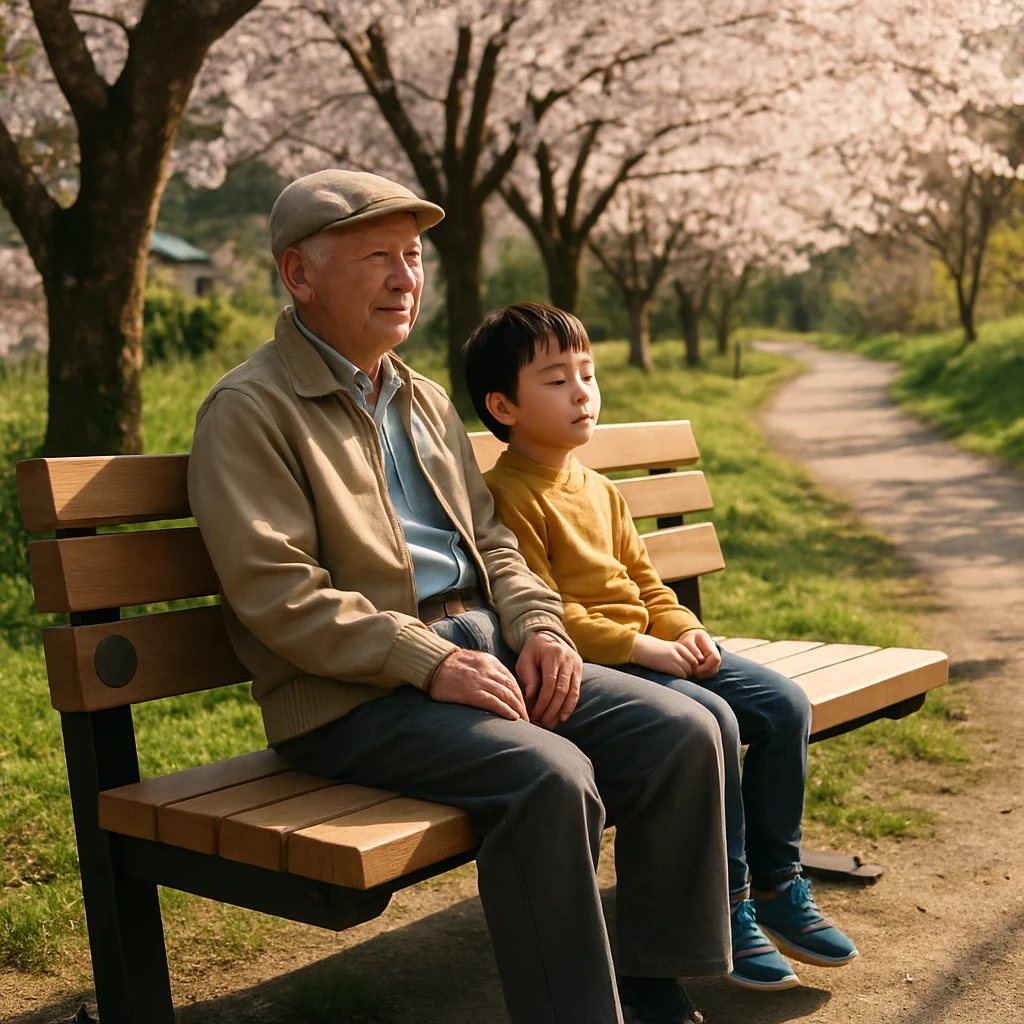 公園の散歩道沿いに設置されたベンチに、年配の男性と子どもが並んで座り、目を閉じてリラックスしている様子を捉えた写真です。