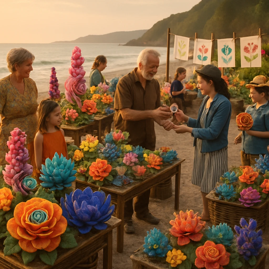 無人島の浜辺に並ぶ色とりどりの仮想花市場で、人々が花やポスターを手に賑わう様子。