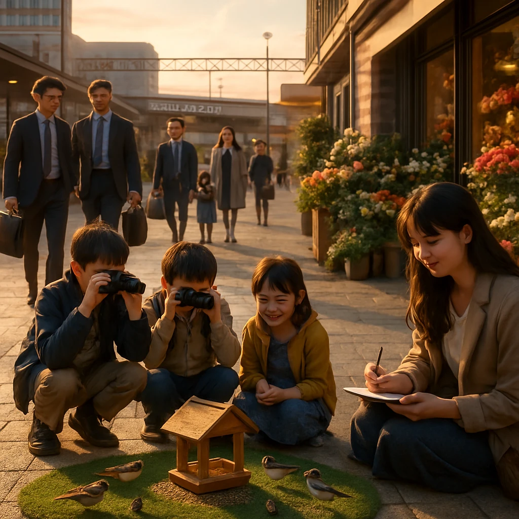 駅前の人工芝の上でスズメやセキレイが群がってバードフィーダーをついばみ、周囲に通勤客や子どもたちが笑顔で見守る朝の駅広場の様子。