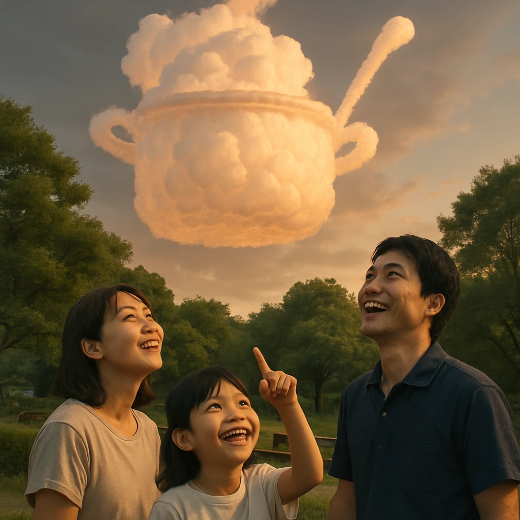 公園で家族が空に現れた鍋帽子と杓文字の形をした入道雲を見上げている様子。
