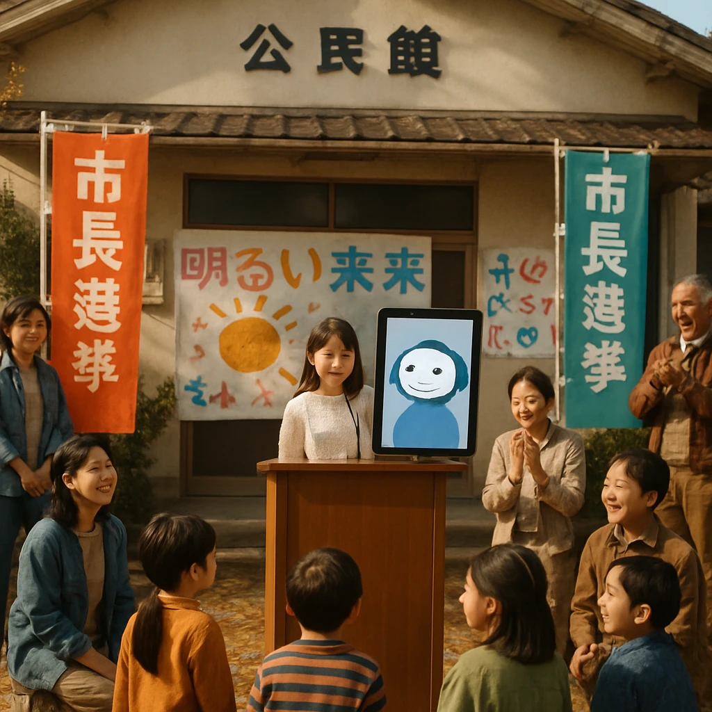 町役場のホールで、子どもたちと市民がタブレットのAIキャラクターと一緒に集まる秋晴れの模擬選挙の様子。
