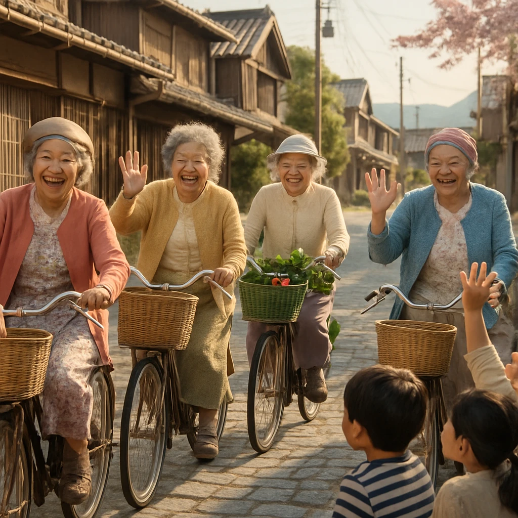 おばあちゃんたちが自転車に乗り、野菜や手作り品を積んで町の子どもたちに笑顔で手を振っている春の日本の小さな町の風景。