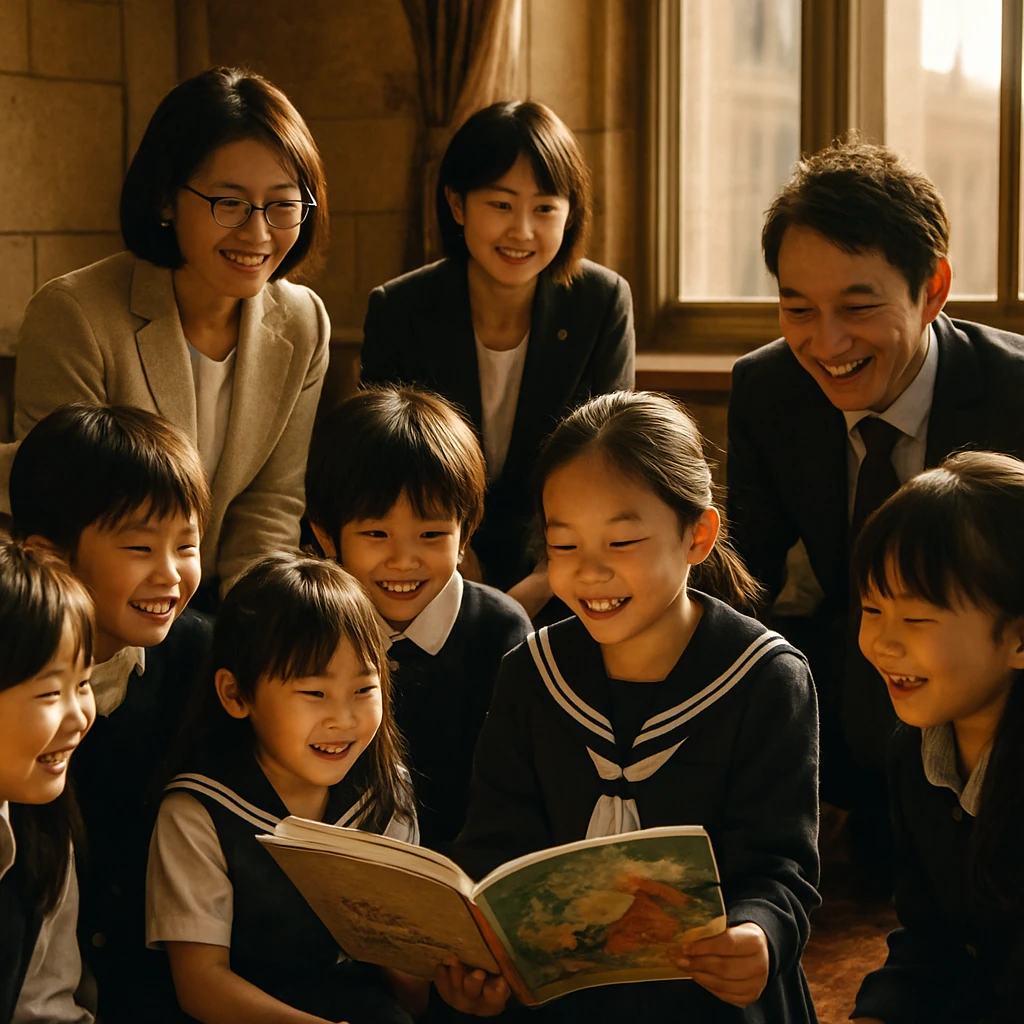 国会議事堂の読書スペースで絵本を囲んで笑顔を見せる小学生たちと議員たちの様子。